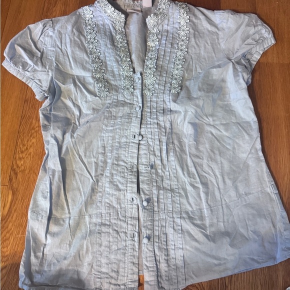 Caribbean Joe Tops - Caribbean Joe Light Blue Short Sleeve Blouse with Floral Embroidery​
